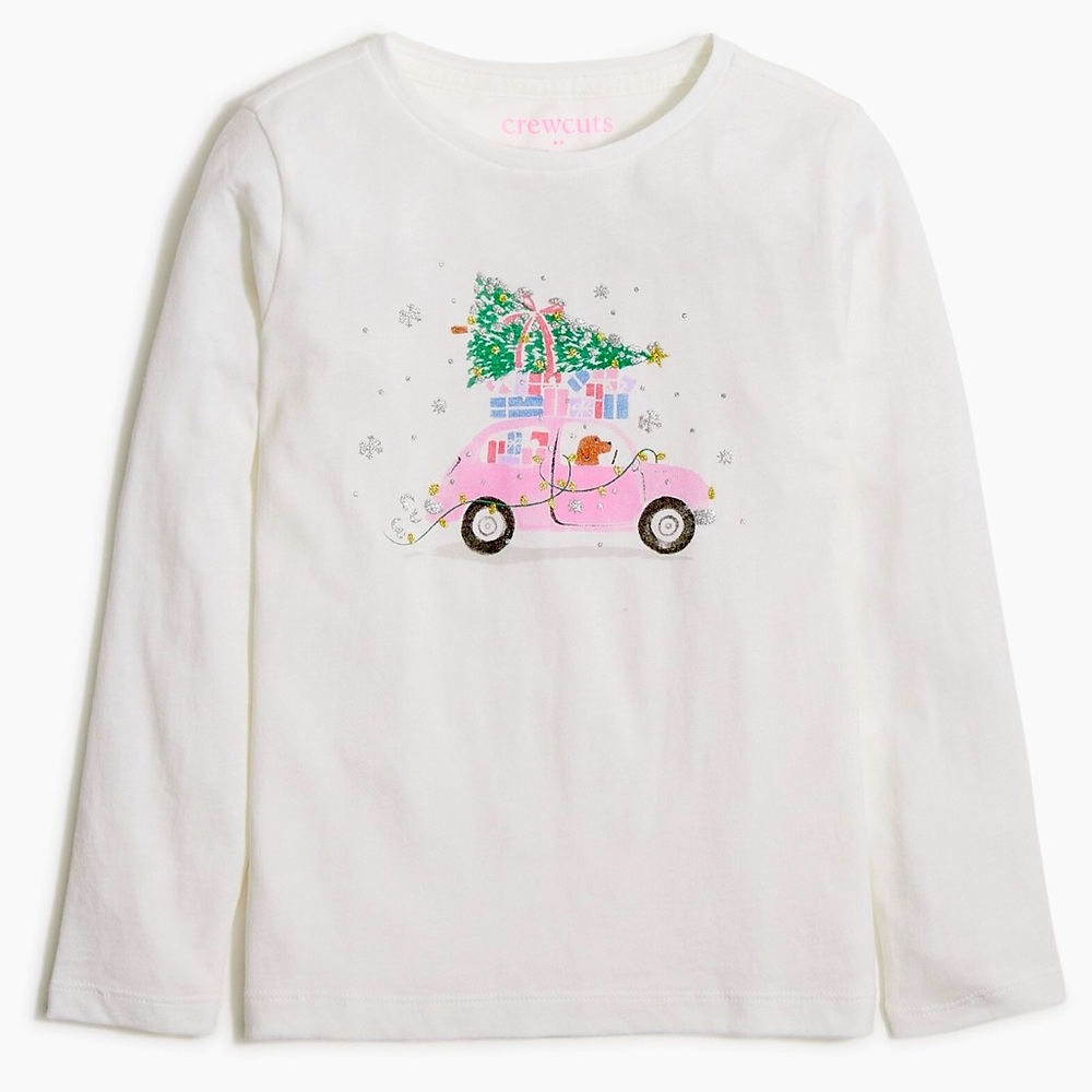 Crewcuts - Girls’ White Long Sleeve Christmas Tree Dog Car Tee - Size: XS (4-5)